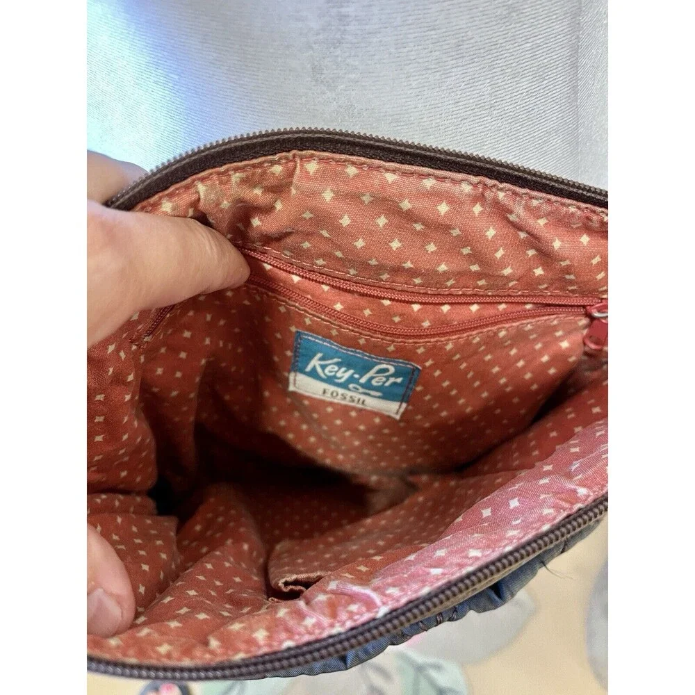 Fossil Key Per Fabric Quilted Crossbody Brown Slingbag Purse W/ Lock & Key Charm
